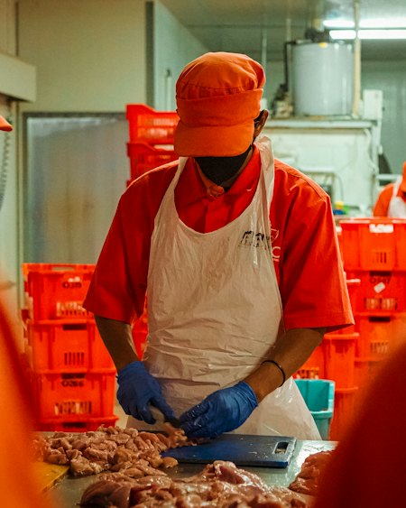 Processing-line worker preparing product at a cutting table